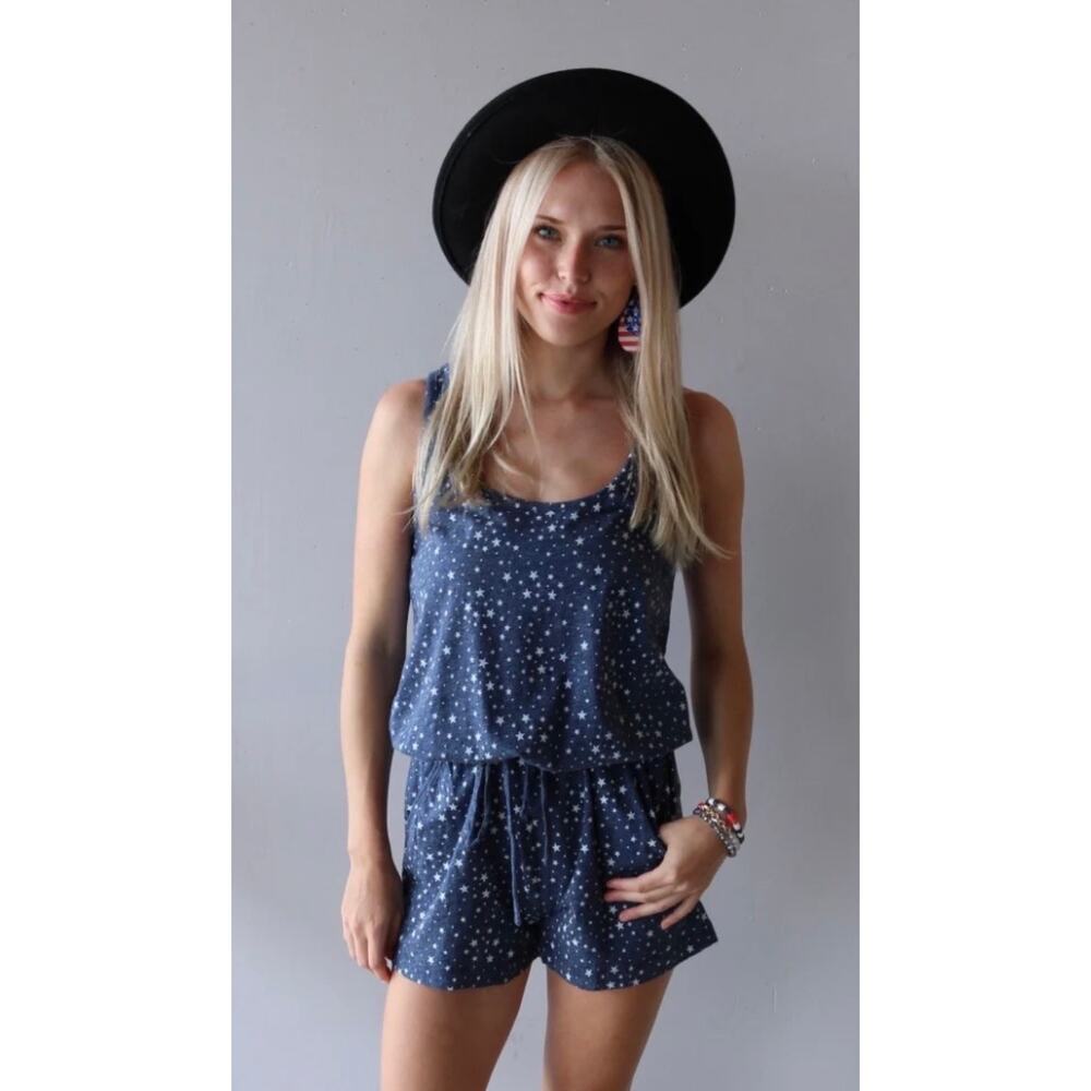 Bobi Star Print Romper Blue White Cotton Sleeveless Tie Waist Size S NWT